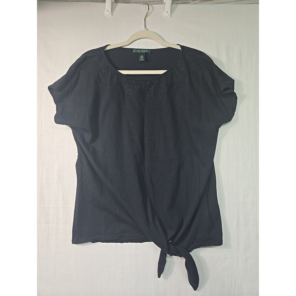 VTG‎ Lauren Ralph Lauren Black Shirt Cotton Embroidered Women's Large Tie Knot